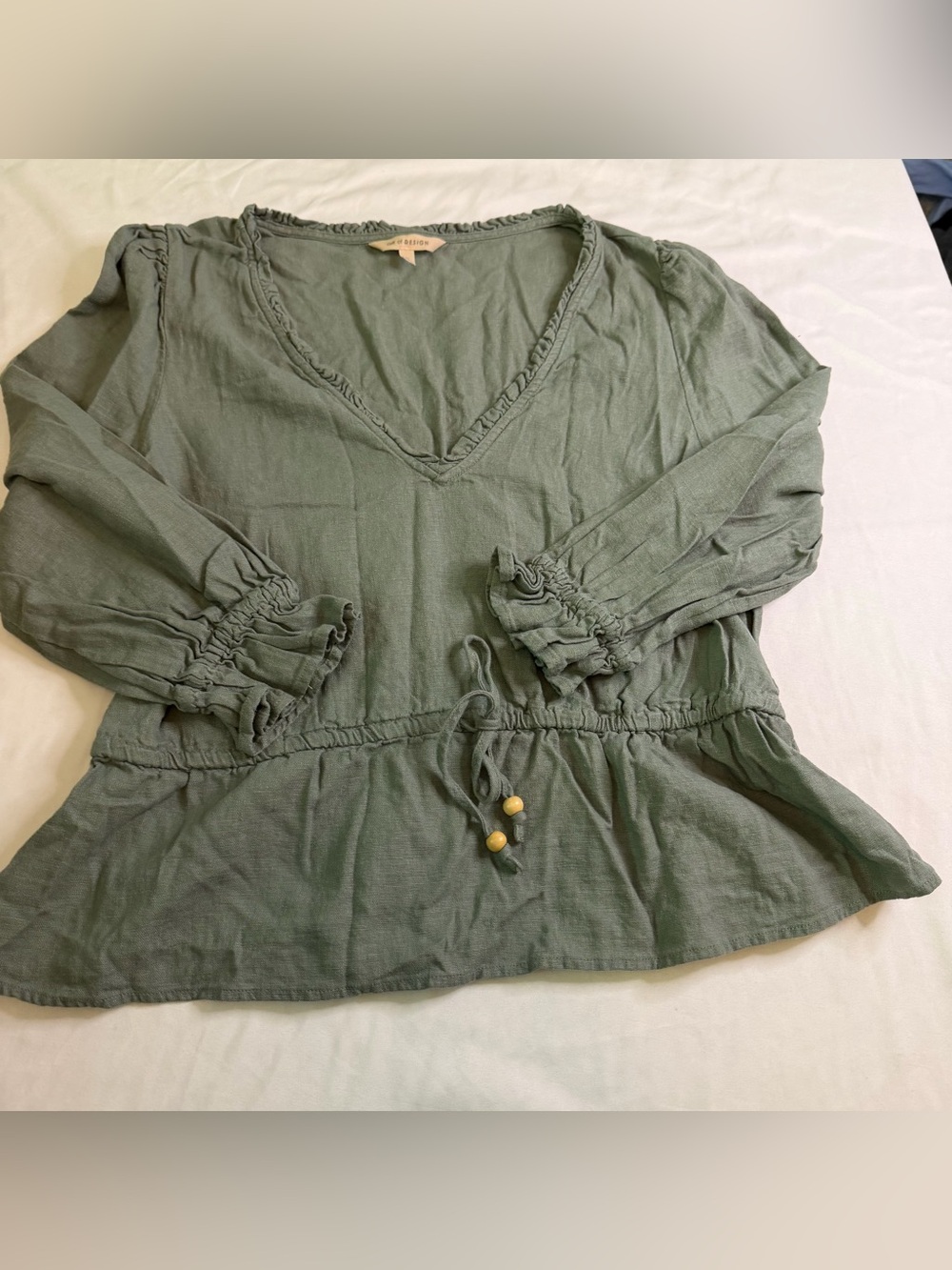 Cutt of Design Women’s XL Olive Green Linen Blend Ruffle Drawstring Blous
